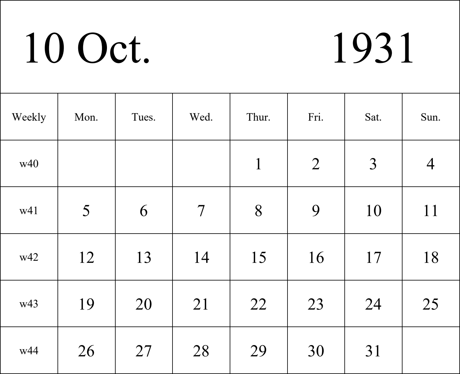 日历表1931年日历 英文版 纵向排版 周一开始 带周数 带节假日调休安排